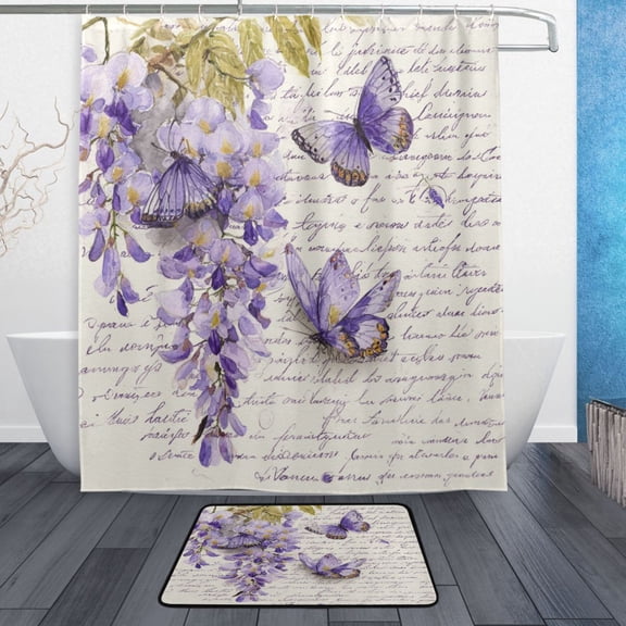 TTYFWHD 60" x 72" Shower Curtain and Bath Mat Set Butterflies and Wisteria Flowers Waterproof Bathroom Curtain with 12 Hooks, Bathroom Decor Set