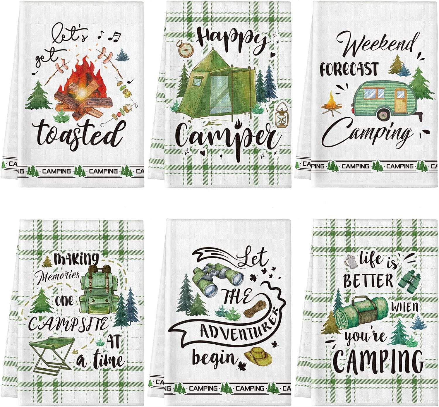 RGHJAR-6 Pcs Camping Kitchen Towels Bonfire Tent Car Dishcloth Outdoors Happy Camper Hand Tea Towels Decorative Set Absorbent Camping Decor with Hanging Loop for Camper Gifts RV Accessories(White)