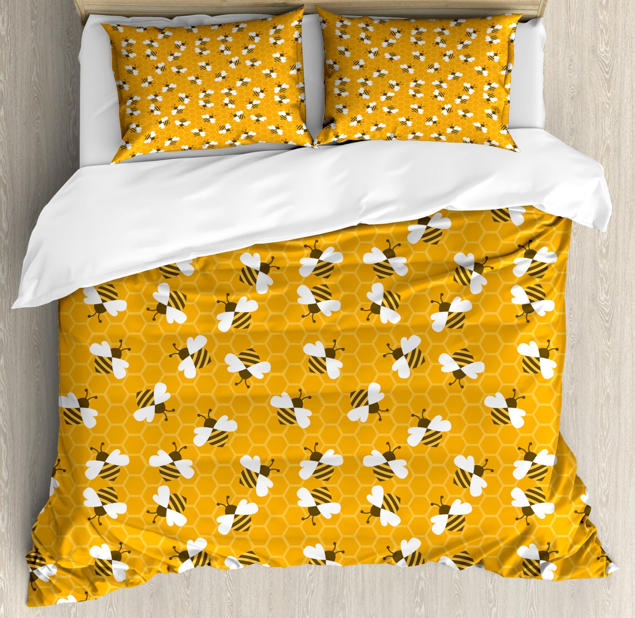 Bee Queen Size Duvet Cover Set, Bumble Bees Producing Honey by Filling