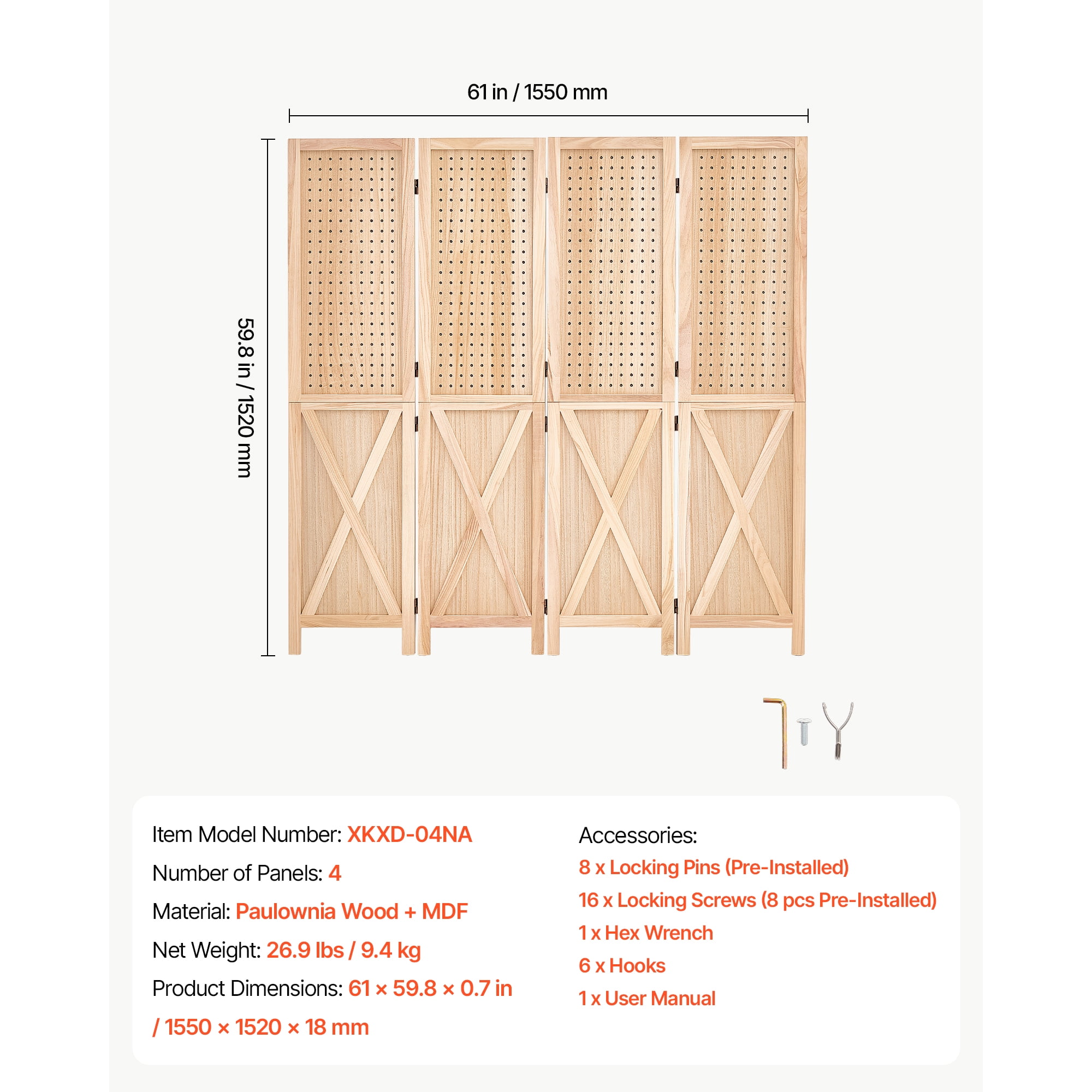 KFFKFF Wood Room Divider with 4 Panels, 59.8" Pegboard Folding Privacy Screen for Home Decor and Room Separation, Solid Frame with X Design, 360° Two-Way Hinges, Rustic Wooden Partition with Hardware