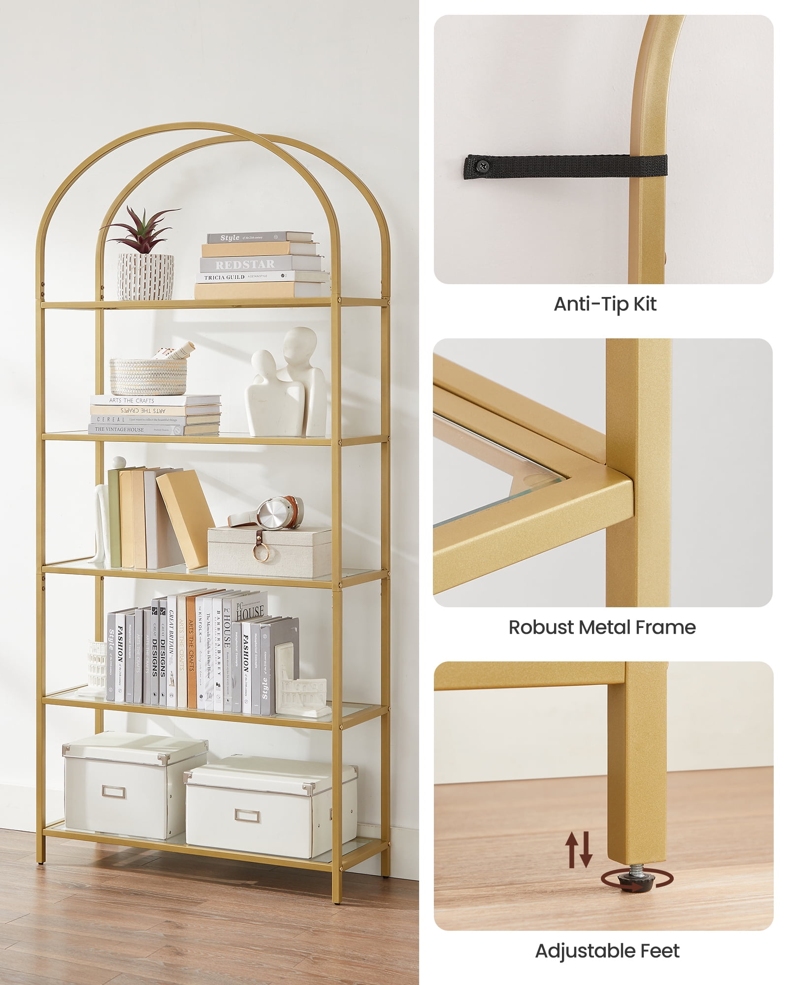 VASAGLE 5-Tier Gold Bookshelf Display Storage Shelf Modern Bookcase with Metal Frame for Bedroom Living Room Golden