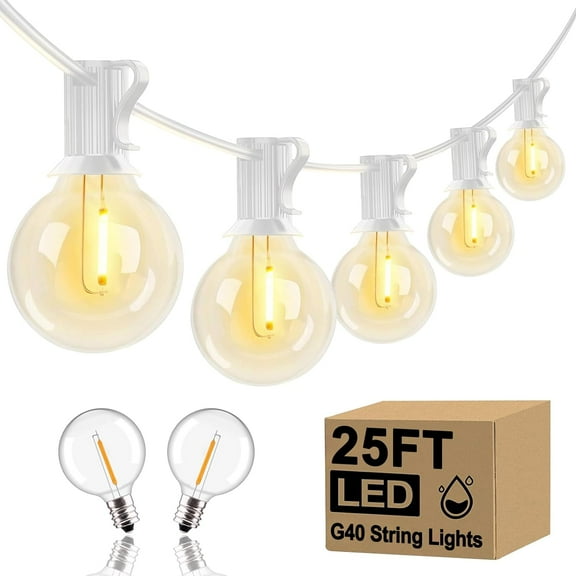 25FT G40 LED Frosted Outdoor String Lights, Globe String Lights with 27 Edison Shatterproof Bulbs(2 Spare), Decorative Lights for Bedroom Bistro Café Wedding, Warm White, Green Wire
