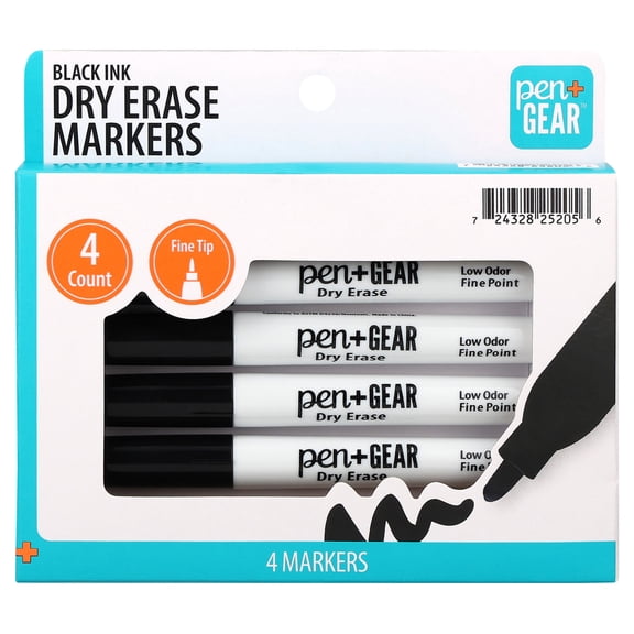 Pen+Gear Dry Erase Markers, Fine Tip, Black, 4 Count
