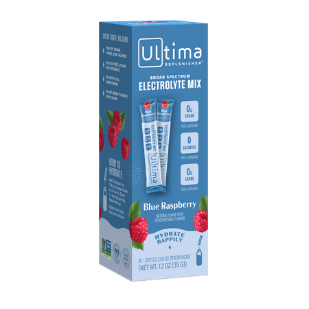 Ultima Replenisher Electrolyte Powder, Sugar Free Hydration Packets, Blue Raspberry, 10 Stickpacks