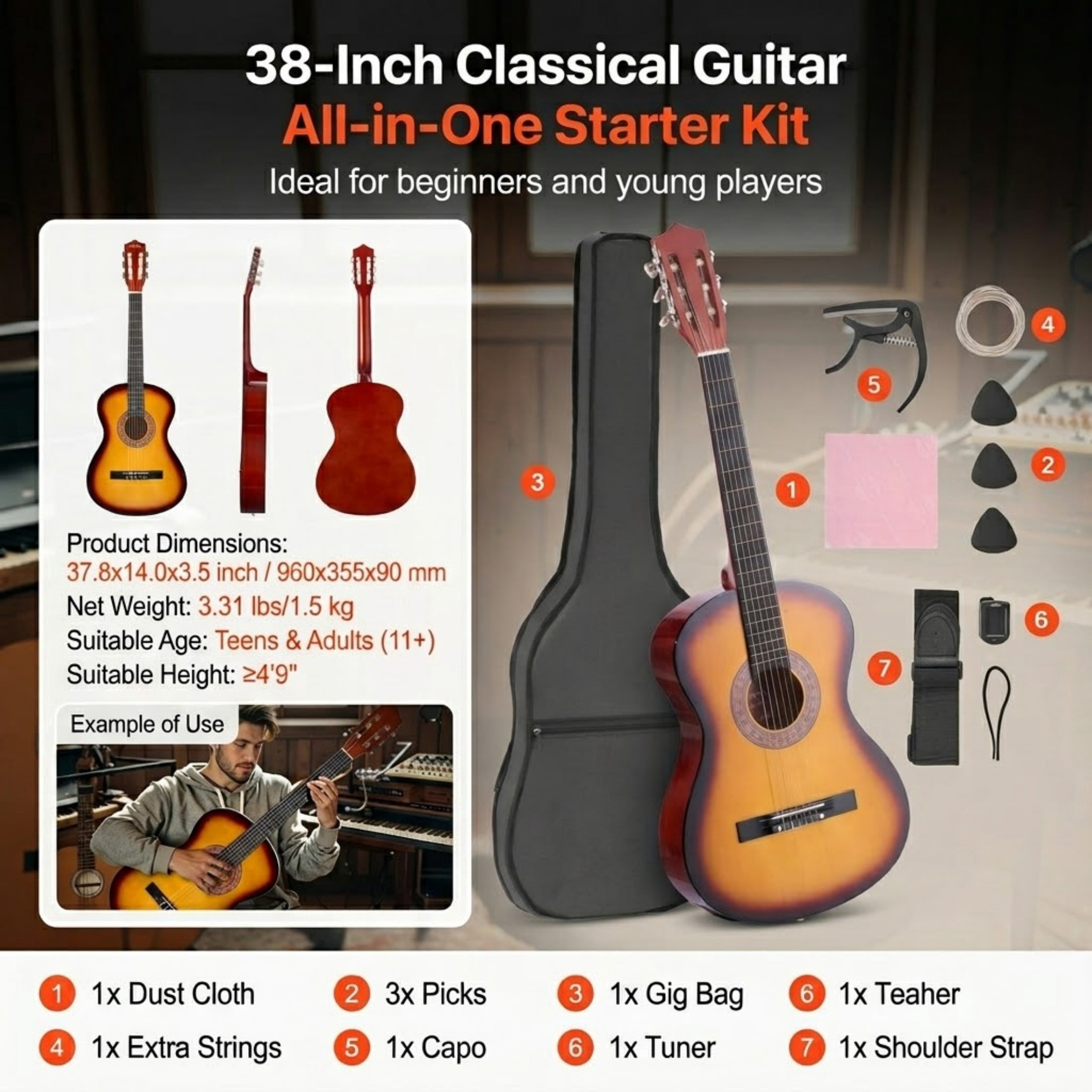 38-Inch Classical Guitar Beginner Starter Kit, Basswood Wood Guitar with Nylon Strings, Gig Bag & Tuner, Sunburst