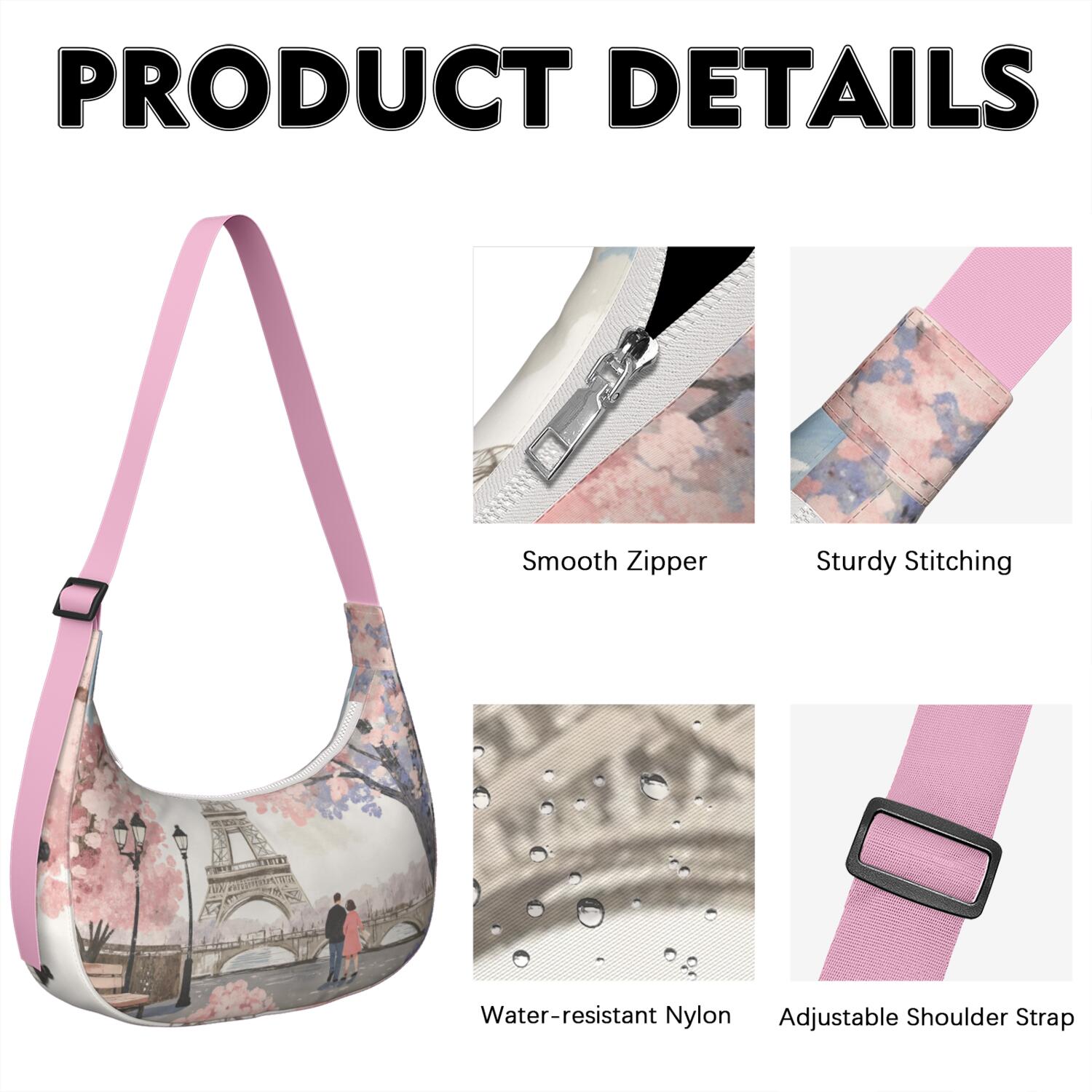 Paris Crescent Cross Body Bag Nylon Bag for Casual Outing Enthusiasts