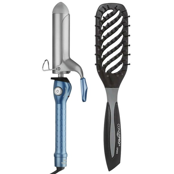 BaByliss PRO Nano Titanium 1½" Spring Curling Iron BNT150S + Conair Pro Ergo-Grip Vented Brush Collection Ergonomically Designed for Blow Drying