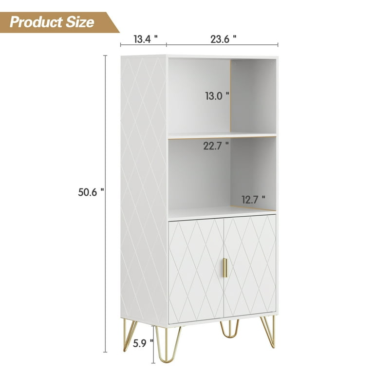 Eclife Modern Bookcases Bookshelf with Doors 50 inch Tall Library Open shelves for Living Room Home Office Assembly White