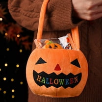 Halloween Pumpkin Candy Bag with Embroidery Design, Reusable Plush Treat Basket for Trick or Treat, Party Favors, Decor (6.29x3.93in, Orange)