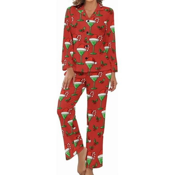 Top-kevin Christmas Martini Hat Candy Holly Women's Long-Sleeve Shirt And Full-Length Bottom Pajama Set