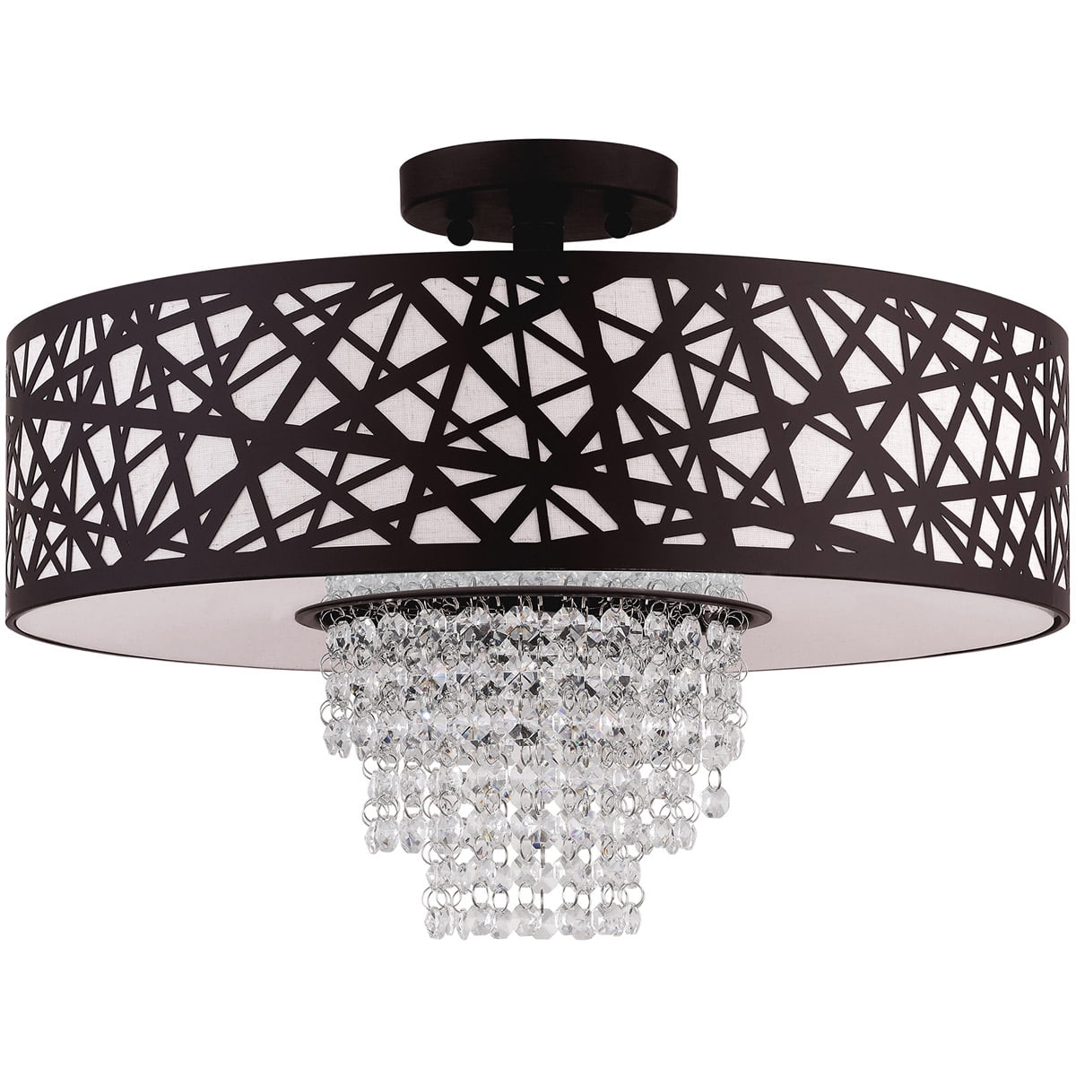 4 Light Bronze Ceiling Light fixture with Oatmeal Color Fabric Hardback Inside & Clear Crystals Shade