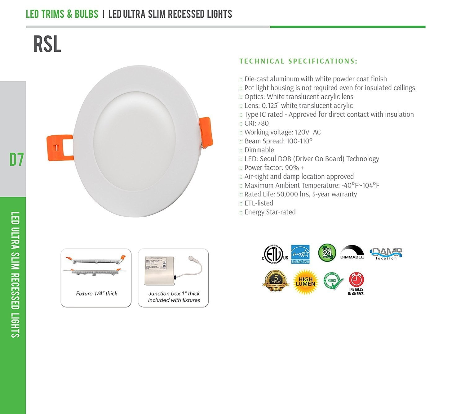Westgate LED Recessed Light Ultra Slim 4Inch 9W Round With Junction Box