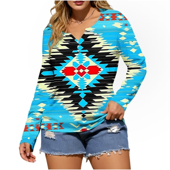 Women's Casual Printed Long Sleeve T-Shirt, Retro Western Blouse Fashion Top, Soft Round Neck Tee, Loose Fit Casual Wear for Daily Life, Spring Outfits, Vacation and Party
