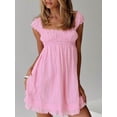 thumbnail image 4 of Pink Womens Eyelet Smocked Babydoll Mini Dress With Ruffled Cap Sleeves A-Line Sundress, 4 of 5