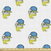 Hip Hop Fabric by the Yard, Fashion Cat Wearing a Cap Scarf and Glasses Sketch Pattern, Decorative Upholstery Fabric for Chairs & Home Accents, 5 Yards, Azure Blue Yellow by Ambesonne