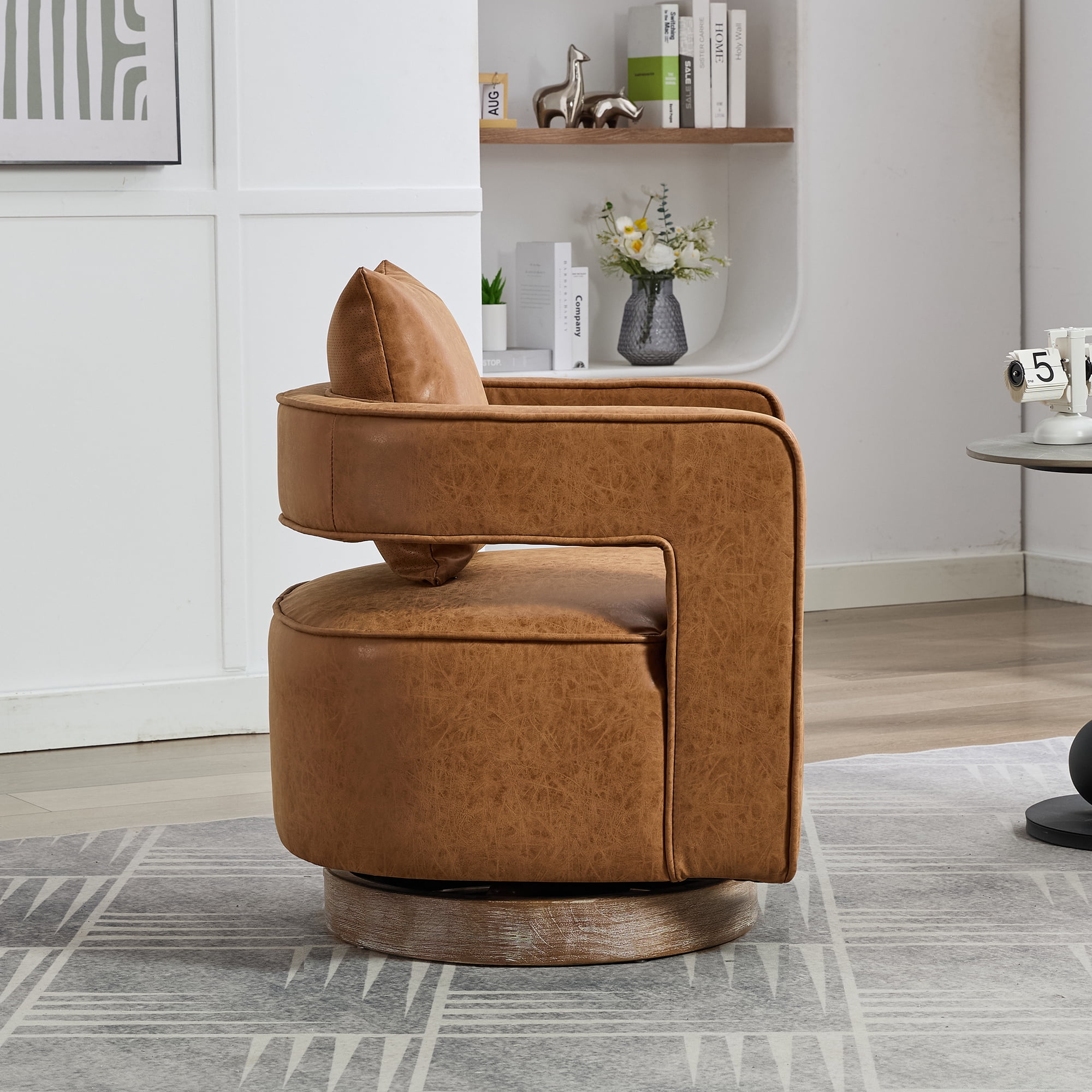 Leumius Swivel Accent Chair with Open Back,Modern Single Sofa Chair With Weathered Base for Nursery Bedroom Living Room Hotel Office, Club Chair Leisure Arm Chair for Lounge,Brown PU