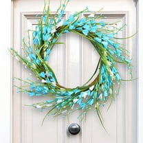 Spring Wreath for Front Door,Artificial Blue White Forsythia Flowers Door Wreath,Silk Leaves Wreath,All Year Round Wreaths,Indoors Outdoor Home Farmhouse Decor,15.7"