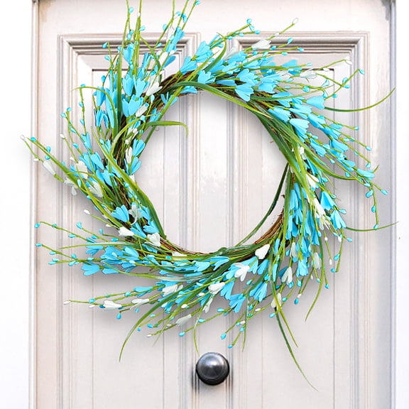 Spring Wreath for Front Door,Artificial Blue White Forsythia Flowers Door Wreath,Silk Leaves Wreath,All Year Round Wreaths,Indoors Outdoor Home Farmhouse Decor,15.7"