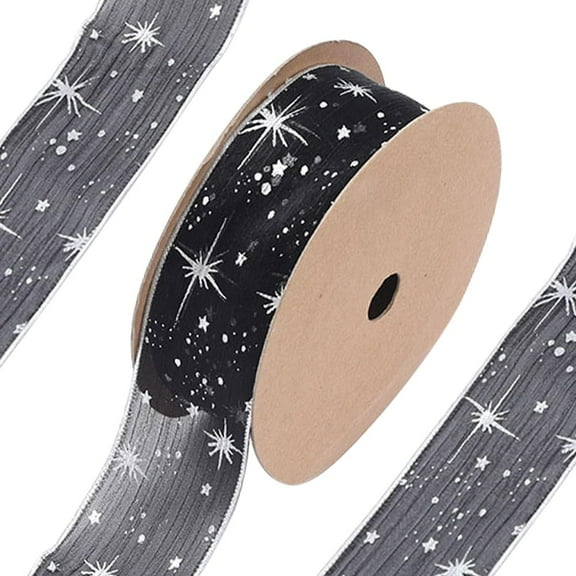 Organza Star Ribbon Wired, 1 Inch Wide 20 Yards Tree Print Sheer Glitter Ribbon for Gift Wrapping Garland Bouquet Ornaments Party Decorations （black）