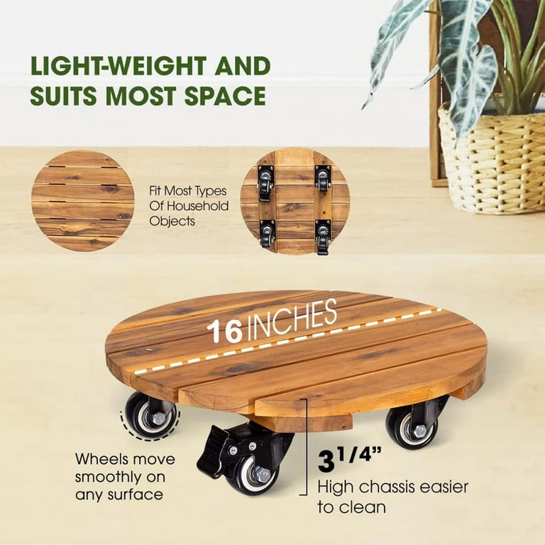 2 Pack 16"" Heavy Duty Wooden Plant Caddy with Lockable Casters, Indoor  Outdoor Pot Roller Base" - Walmart.com