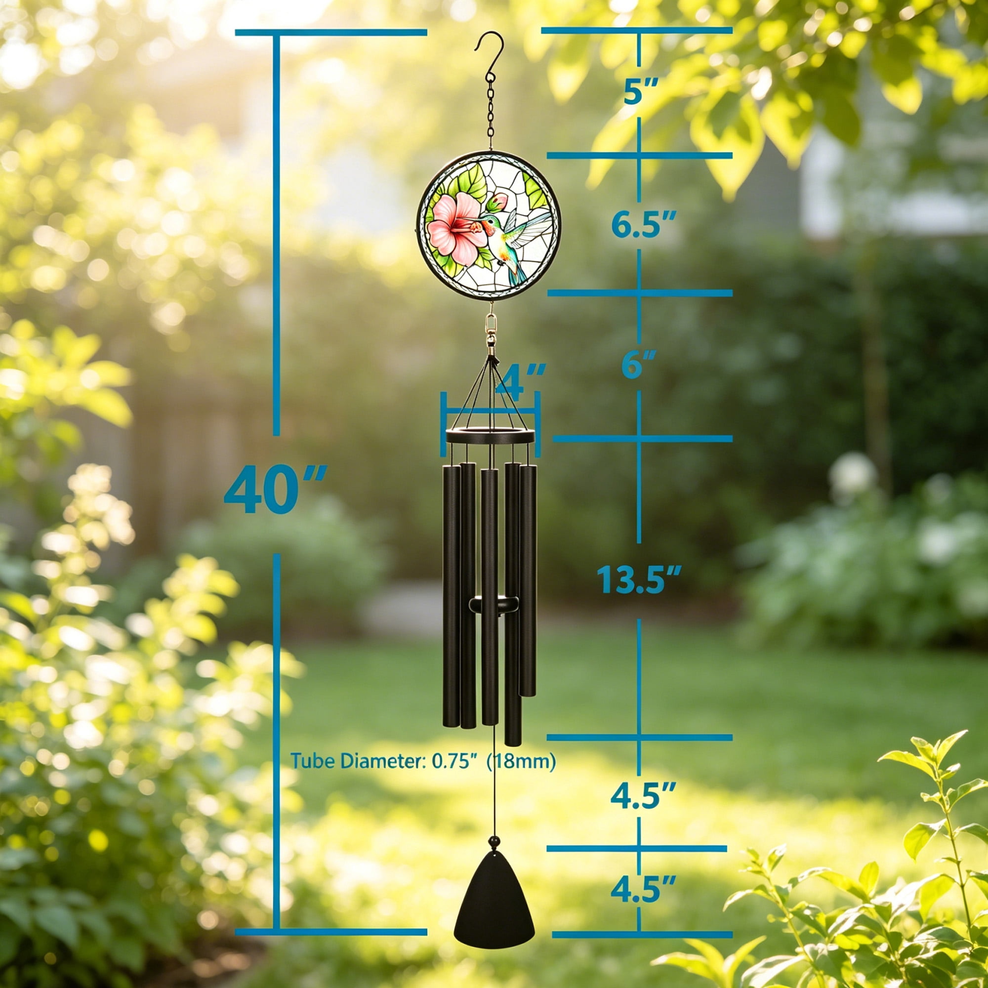 40 Inch Hummingbird Stained Glass Wind Chime, Tuned 0.75” Diameter Metal Tubes, Weather Resistant Outdoor Indoor Decor Wind Chime for Garden, Patio & Home Window