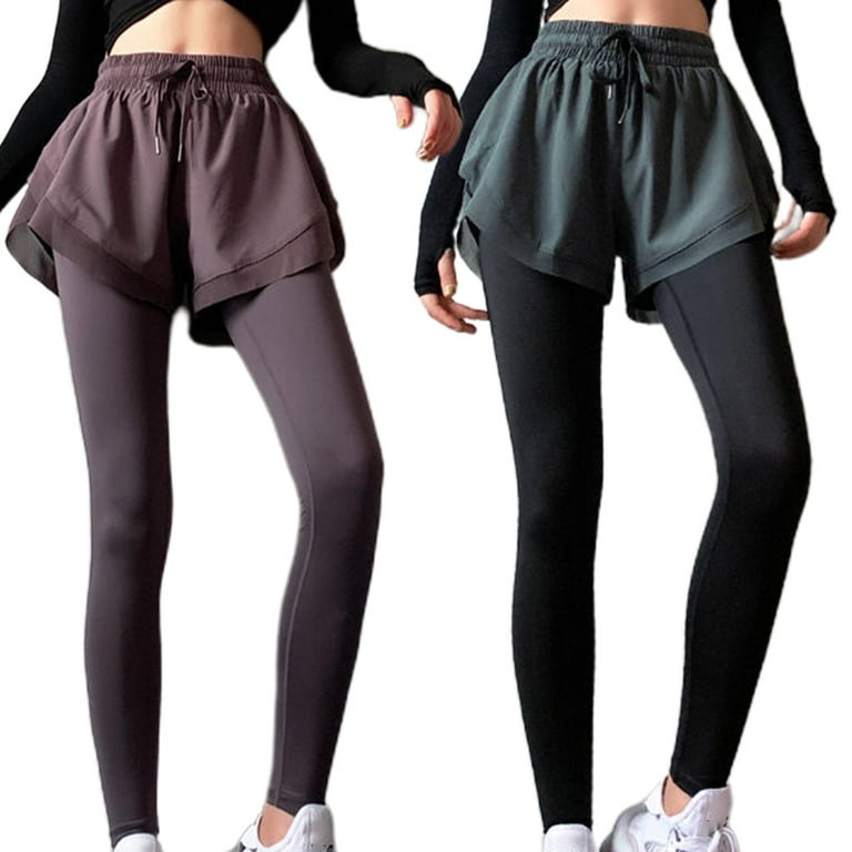 Womens High Rise 2 In 1 Tight Sports Leggings With Shorts Drawstring Waist  Solid Color Running Yoga Workout Long Pants