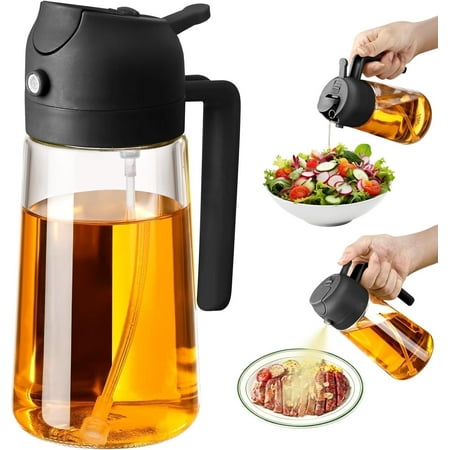 Dompilc 470ml Glass Olive Oil Sprayer - 2-in-1 Dispenser/Pour Bottle for Air Fryer, Salad, BBQ (Black)