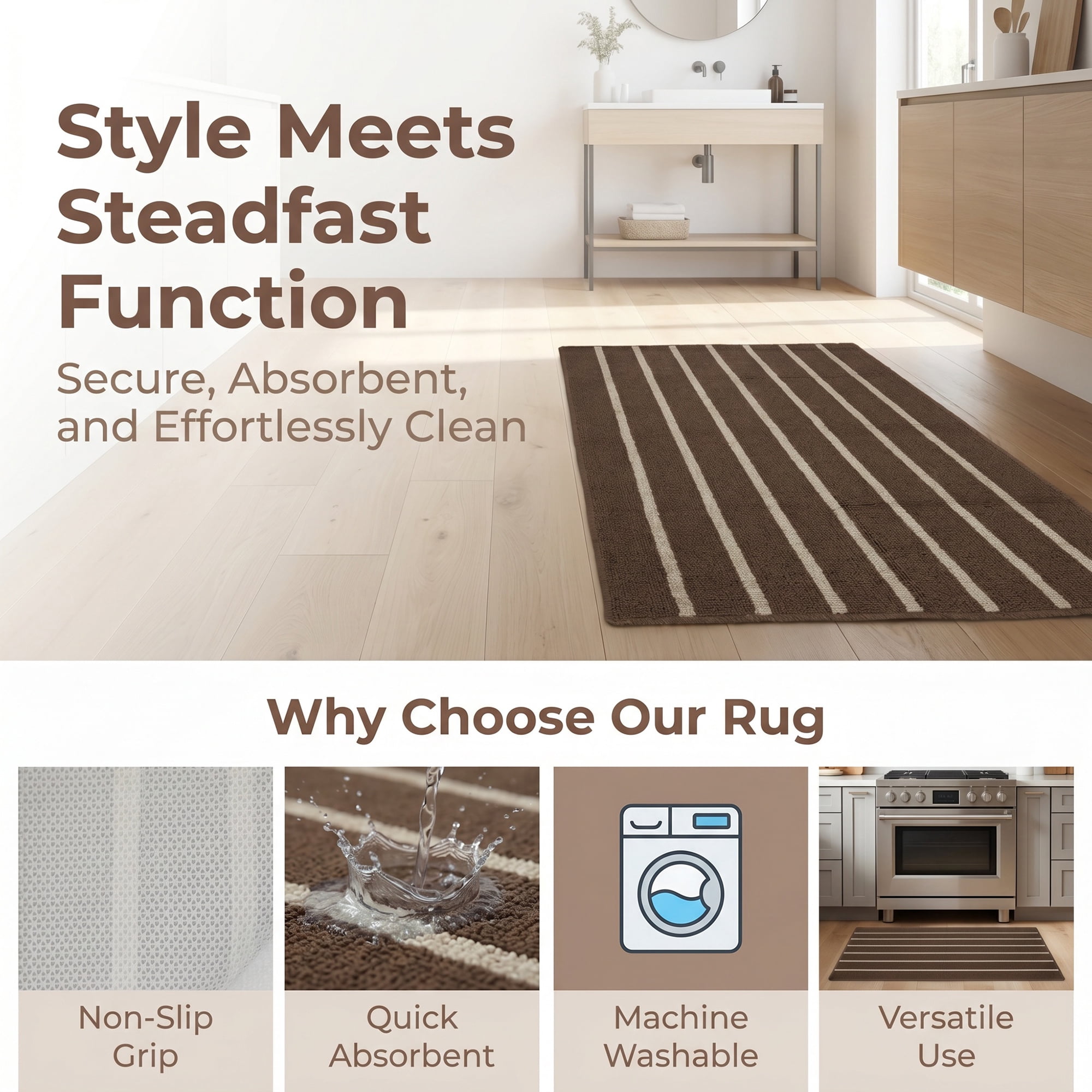 Unique Bargains Polypropylene Striped Non Slip Kitchen Runner Rug Brown 32" x 20"