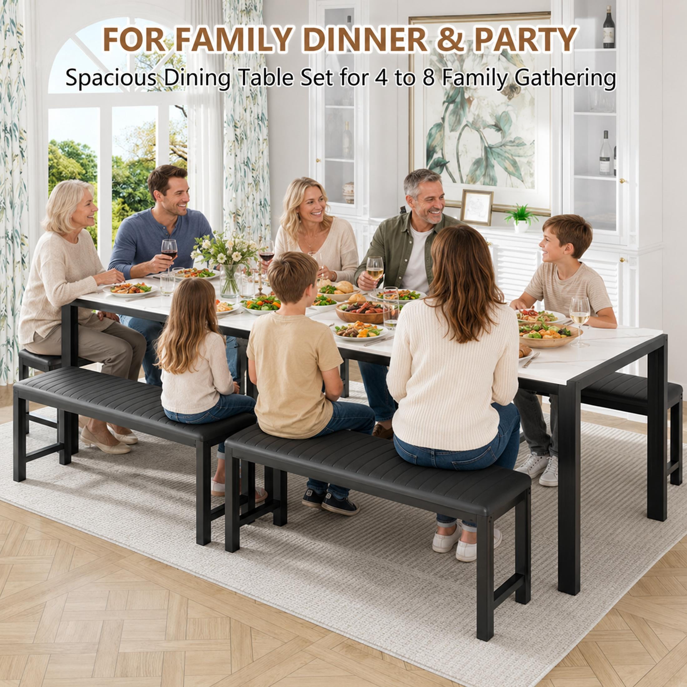 UHOMEPRO Dining Table Set for 4, Kitchen Table with 2 Benches, Modern Dining Room Table Set with Metal Frame, Breakfast Nook Furniture Set for Home Cafeteria Bar Kitchen, White+Black