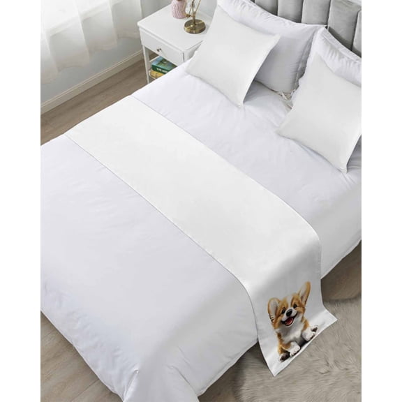 Bed Runner Scarf King Size, Cute Sitting Dog Stain Bed Runners & Scarves for Foot of Beds, Modern Puppy Watercolor Cartoon Decorative Bedding Runner Scarf for Hotel Home Bedroom