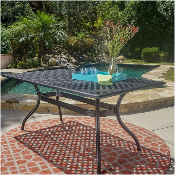 Outdoor Dining Table Rectangle Cast Aluminum Patio Table with Umbrella Hole for Garden, Black