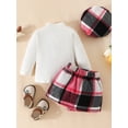 thumbnail image 3 of Infant Baby Girls Skirt Outfits Solid Color Ribbed Tops and Plaid Mini Skirt Hat Set, 3 of 8