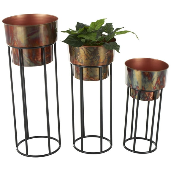 DecMode 33", 28", 22"H Nesting Copper Metal Planter with Tall Black Stands (3 Count)