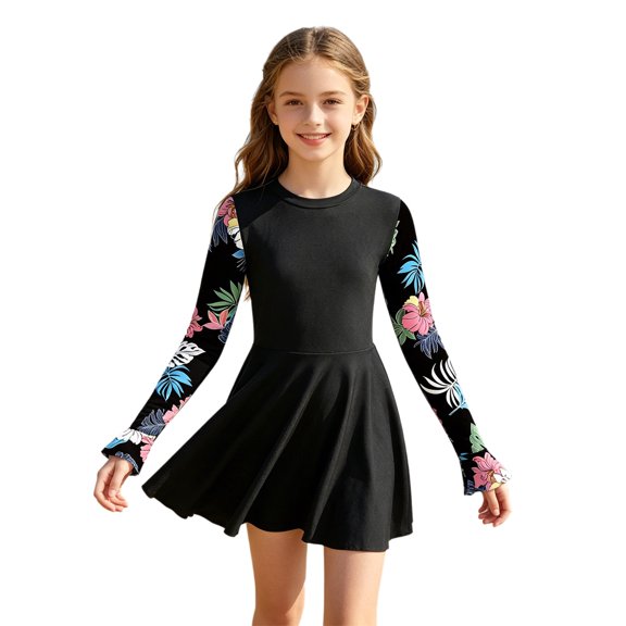 inlzdz Girls Long Sleeve Swimsuits Sun Protection Two Piece Rash Guard Swim Dress with Shorts Beachwear Black 12