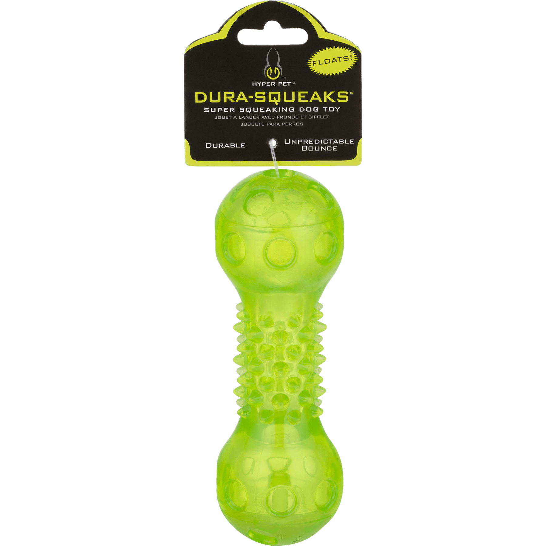 Hyper Pet Dura-Squeaks Durable Non-Toxic TPR Bouncing Super Squeaky Dog Toy, Barbell, Green