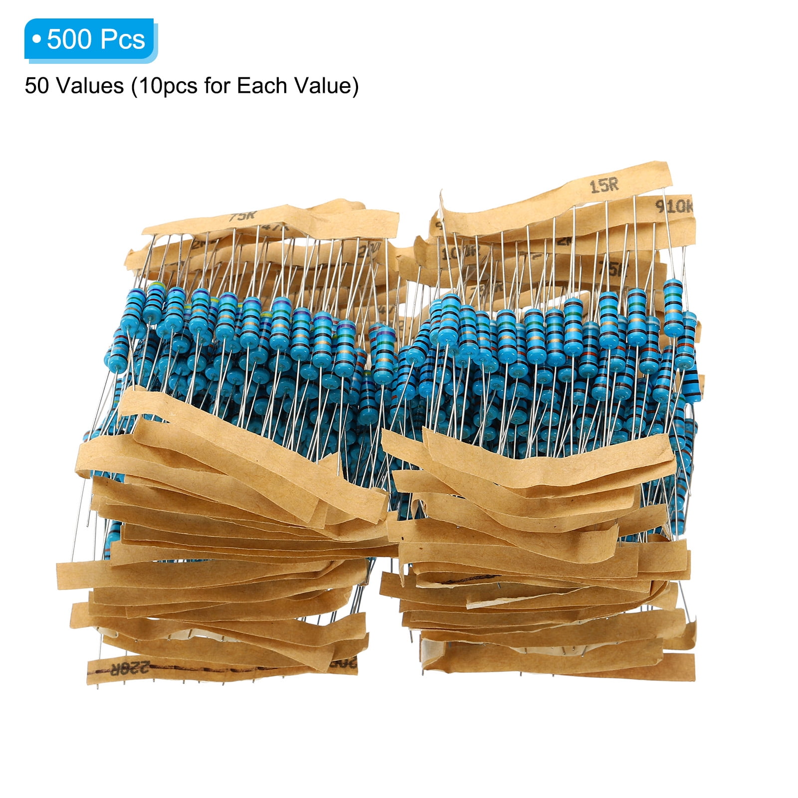 Uxcell 1Ohm to 1MOhm Metal Film Resistor Assortment Kit 50 Value 1W 5% Tolerance, 500 Pack