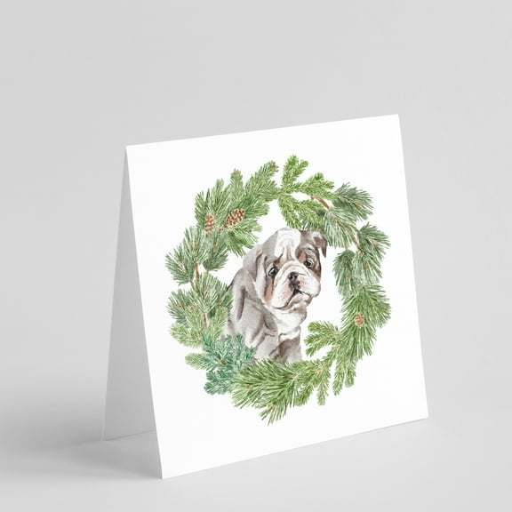 Bulldog Lilac Puppy with Christmas Wreath Square Greeting Cards and Envelopes Pack of 8 5 in x 5 in