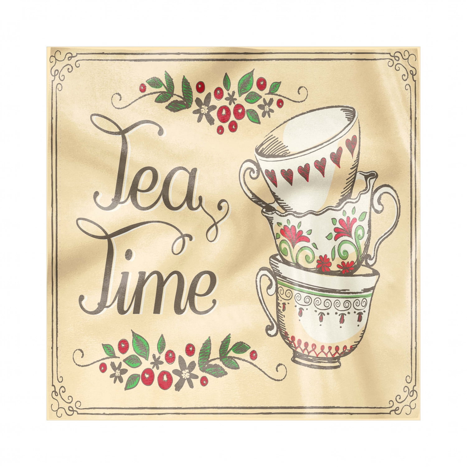 Tea Napkins Set of 4, Ornamental Coffee Tea Cups with Flowers Berries