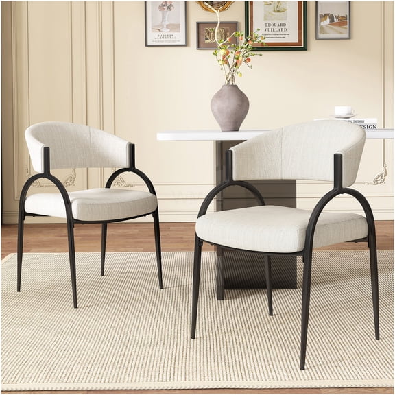 Upholstered Dining Chairs Set of 2, Beige Fabric Modern Side Chairs with Sturdy Metal Legs for Kitchen Dining Room