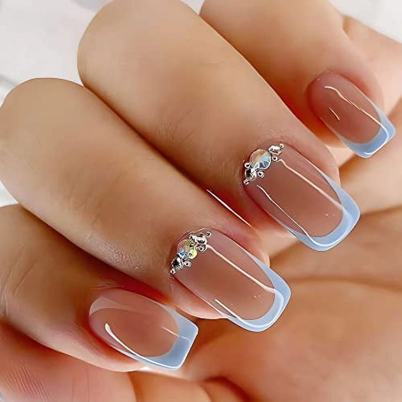 HLONK Blue French Tip Press on Nails Square Short Fake Nails Summer with Rhinestones Designs Acrylic Artificial Nails with Glue Glossy Stick on Nails for Women 24PCS