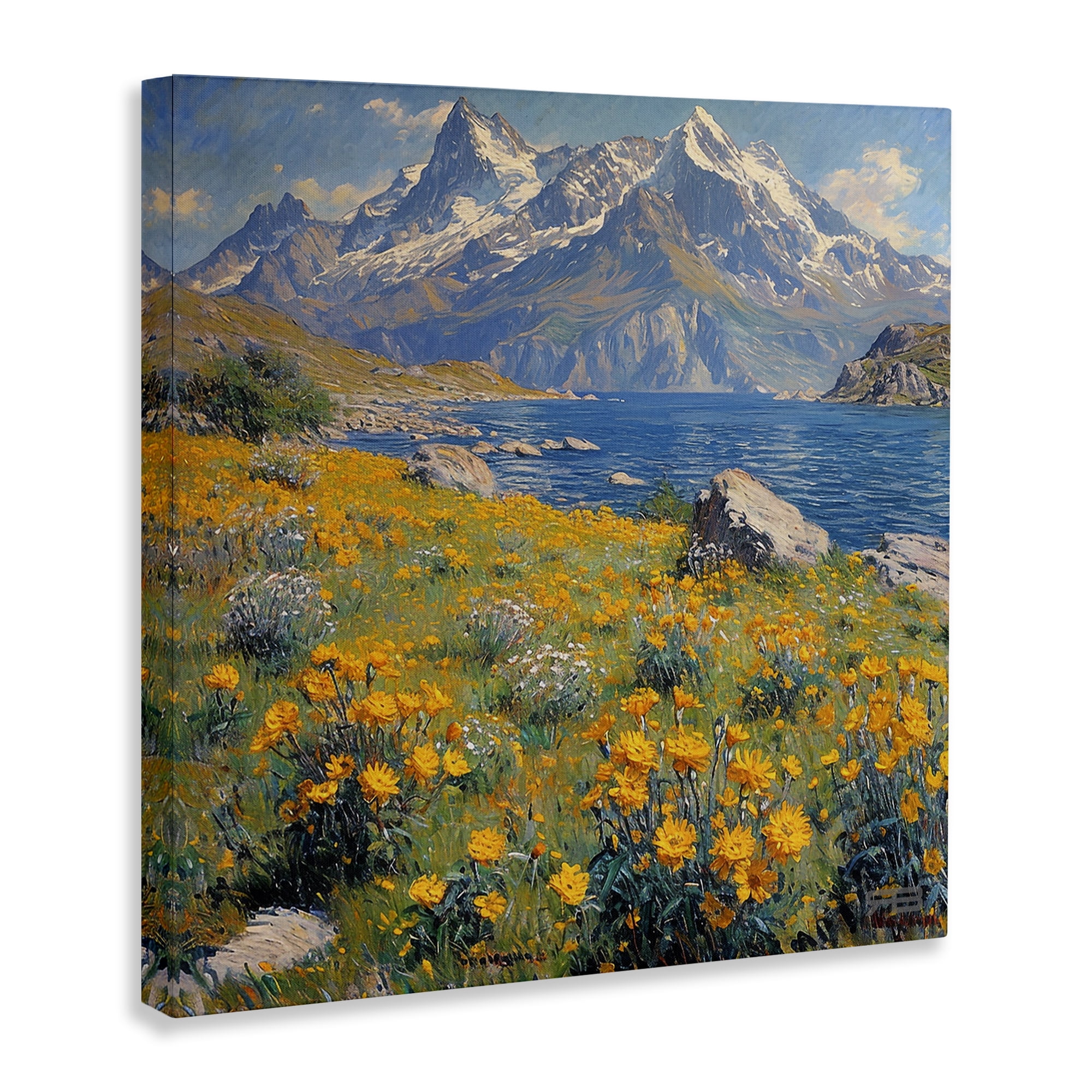 Stupell Industries Mountain Daisy Meadow Landscape & Nature Painting Wrapped Canvas Art Print Wall Art, 17 x 17