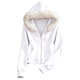 thumbnail image 4 of Sevevn Women's Faux Fur Trim Hooded Zip Up Jacket Cropped Long Sleeve Soft Fleece Hoodie Coat Casual Lightweight Outerwear White L, 4 of 9