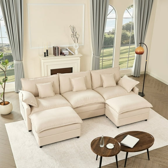 EJC 3-Seater Cozy U Shaped Couch, Modular Sectional Sofa, Comfy Soft Lazy Cloud Couch ,Modern, Adult, Linen, Beige