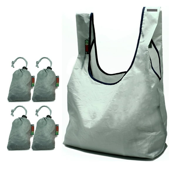 EcoJeannie® 4 Pack Super Strong Ripstop Nylon Foldable Reusable Bag Grocery Shopping Tote Bag with built-in Pouch, Gray & Gray & Gray & Gray