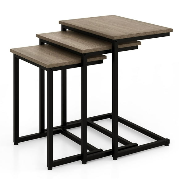 Giantex Classical Nesting End Table, 3pcs Stacking Coffee Table, Living Room Night Table with Metal Frame, Space Saving, Easy Assembly, Accent Furniture, Gray