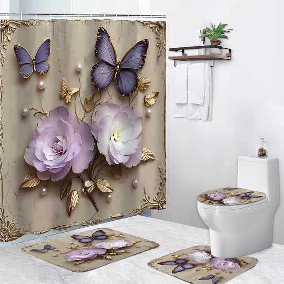 4Pcs Spring Themed Shower Curtain Set with Rugs Vintage Butterflies Bathroom Sets Floral Shower Curtain with 12 Hooks Bathroom Decor with Rugs Bath Accessories with Mats Toilet Lid Cover