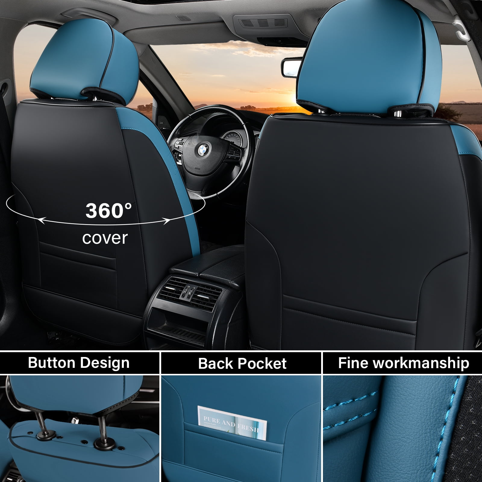 Coverado Black&Blue Car Seat Covers Full Set, Faux Leather Seat Protectors with Embossed Grains, Front and Back Auto Cushions Universal Fit Most Cars, Sedans, SUVs and Trucks