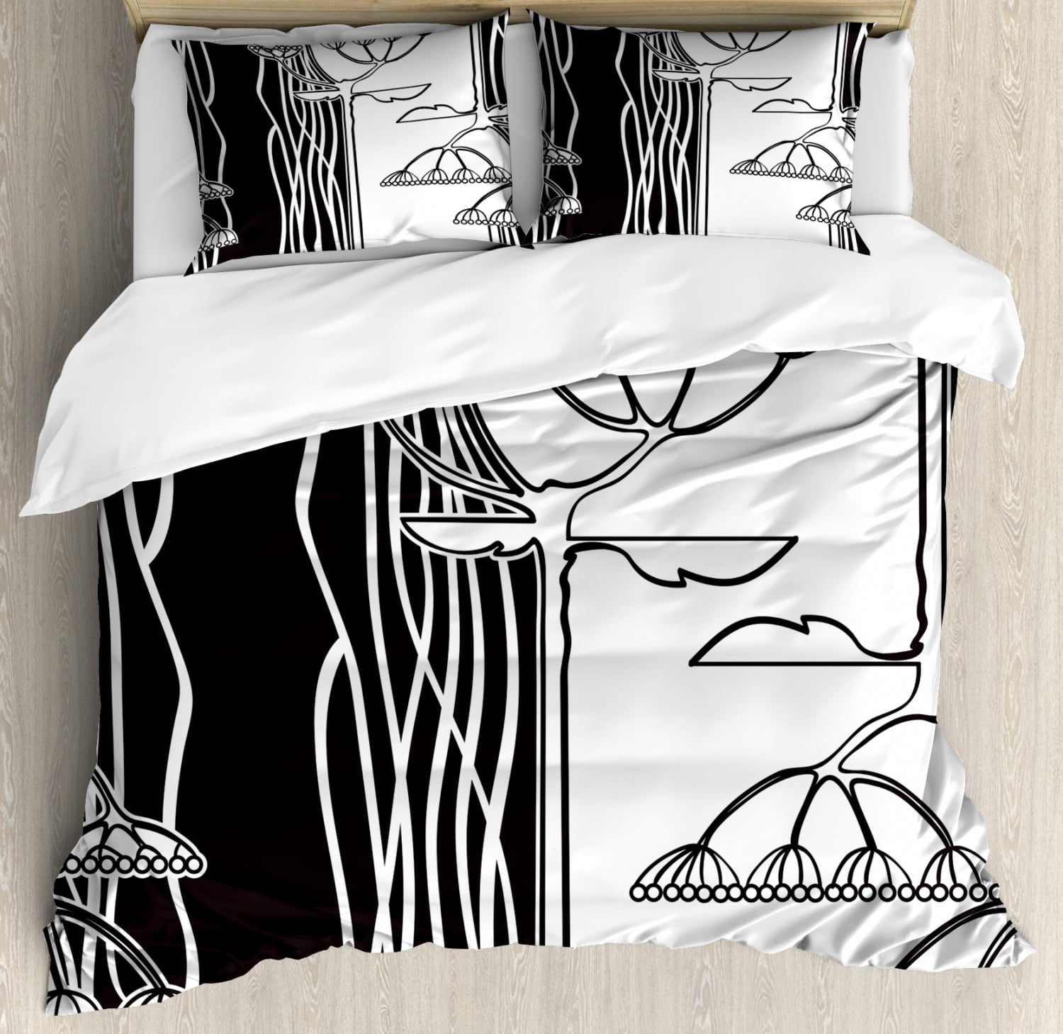 Black And White King Size Duvet Cover Set Abstract Fennel Plants