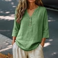 thumbnail image 4 of IMENGL Long Sleeve Shirts for Women Casual Linen Summer Plus Size 3/4 V Neck Button Blouses Loose Clothes T-Shirt Soft Women's Basic Tee Long Sleeve Tops,Green, 4 of 4