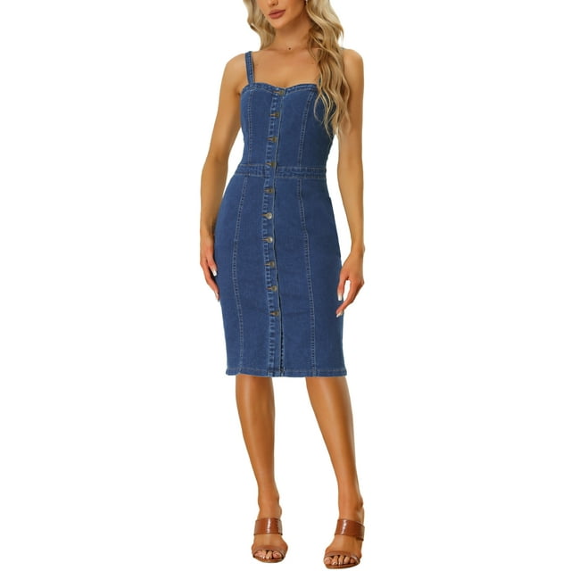 INSPIRE CHIC Robe en Denim à Boutons pour Femme Sans Manches à Encolure Cœur Robes en Jean Bleu Moyen